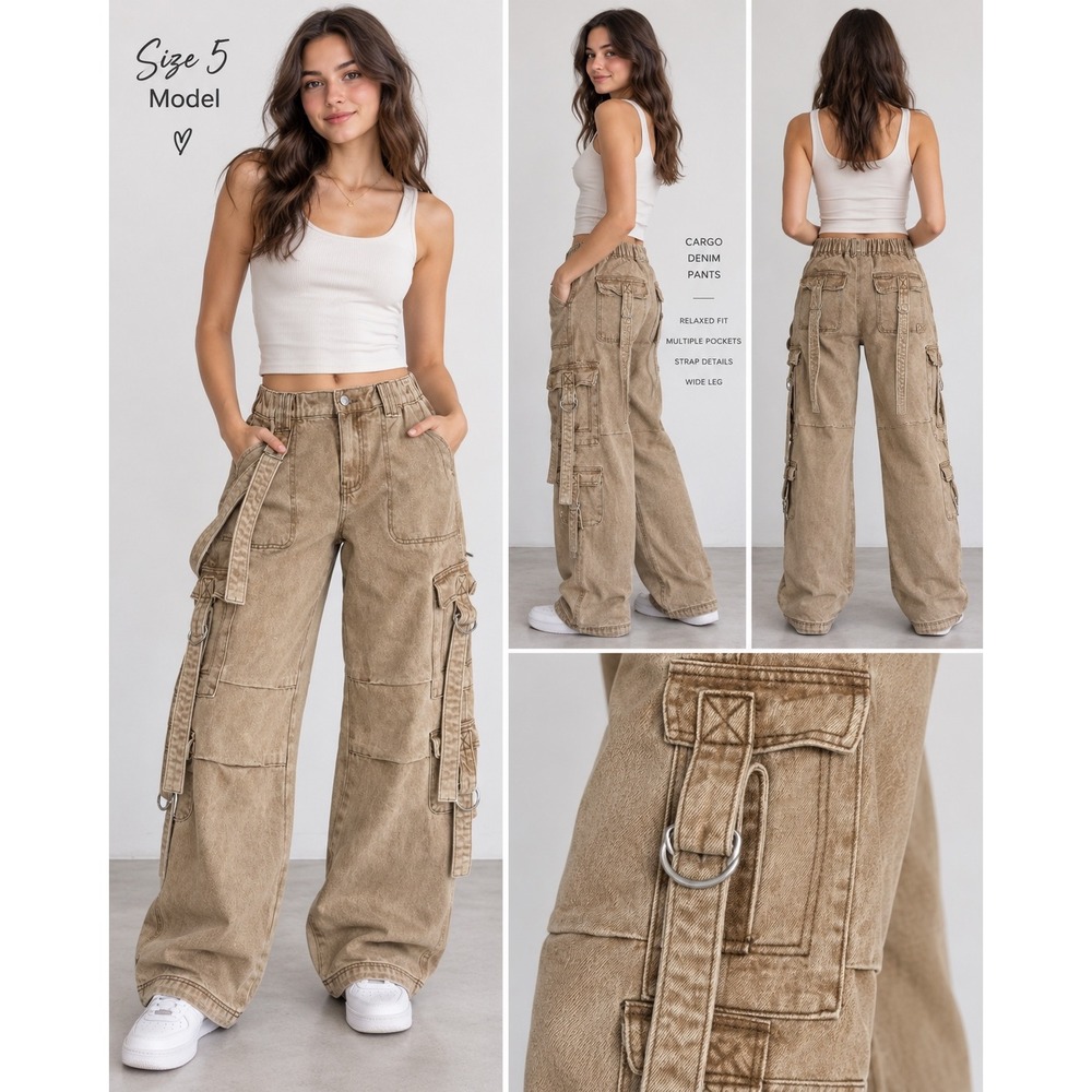 J For Justify Womens Tan Cargo Denim Pants Wide Leg Utility Strap Jeans Size 5